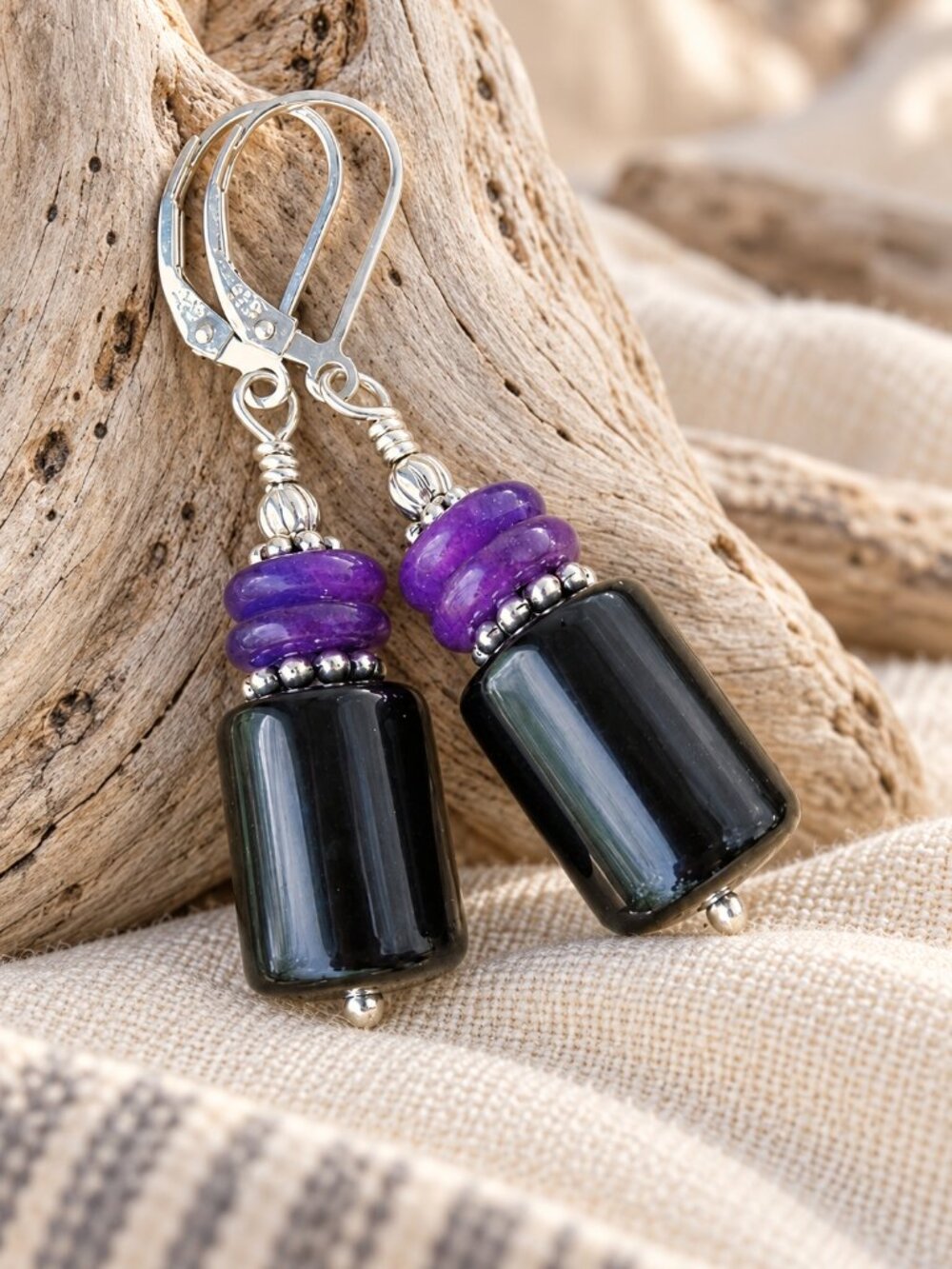 Black Onyx And Sugilite Earrings 925 Sterling Silver Leverbacks Genuine Stone